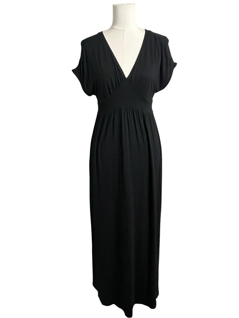 Gap Maxi Dress Womens XS Black V Neck Empire Waist Short Sleeve Rayon Casual